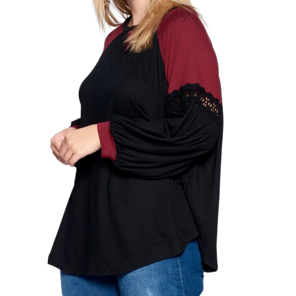 Plus Size Black & Burgundy Raglan Sleeve Tunic Top